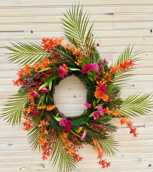 Tropical Oasis Summer Wreath with Palm Leaves, Orange & Pink Wildflowers