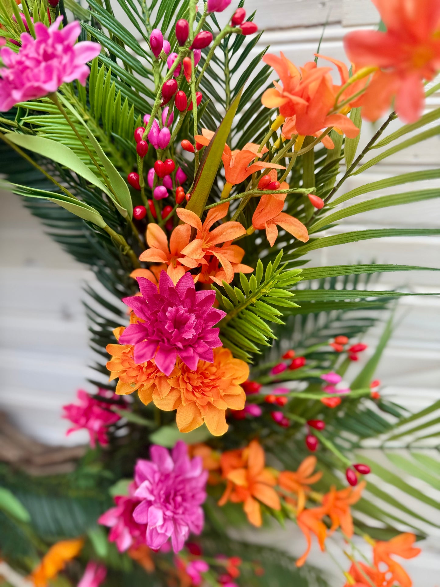 Tropical Oasis Summer Wreath with Palm Leaves, Orange & Pink Wildflowers