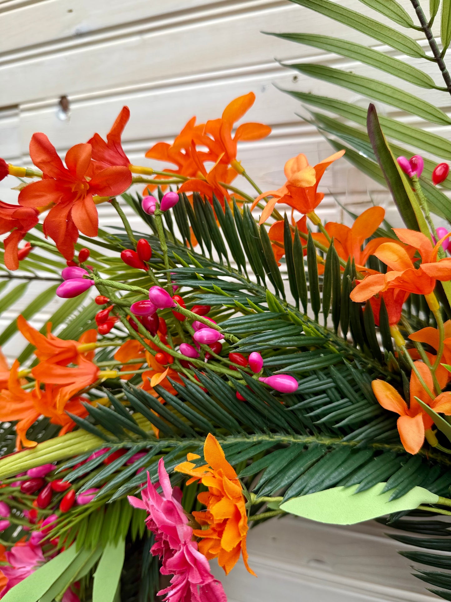 Tropical Oasis Summer Wreath with Palm Leaves, Orange & Pink Wildflowers