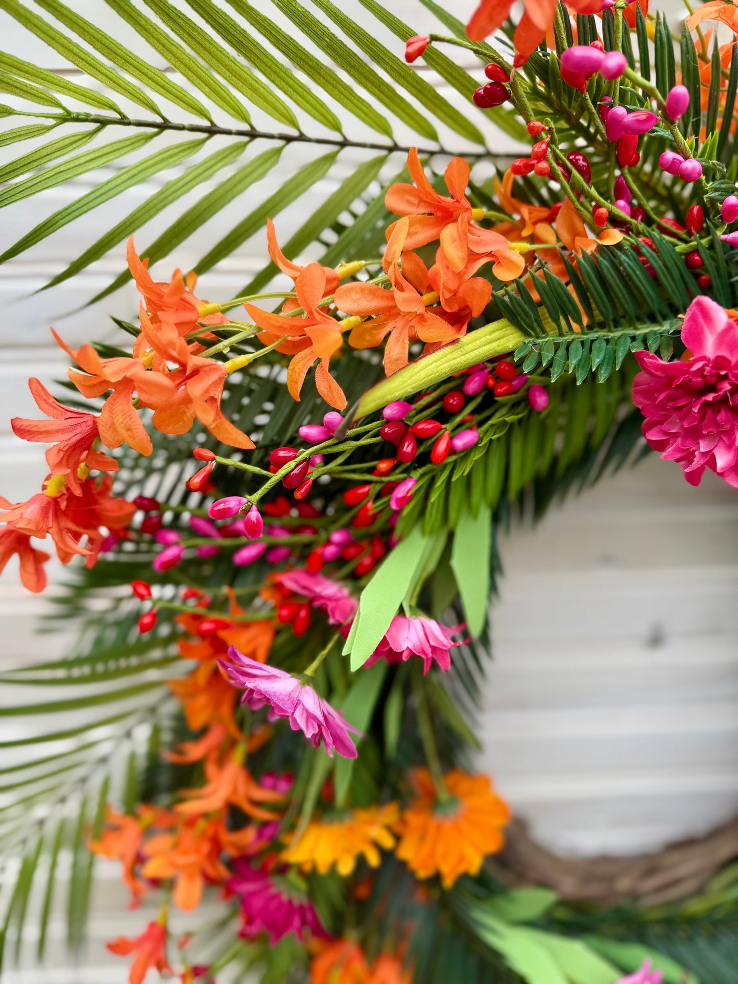 Tropical Oasis Summer Wreath with Palm Leaves, Orange & Pink Wildflowers