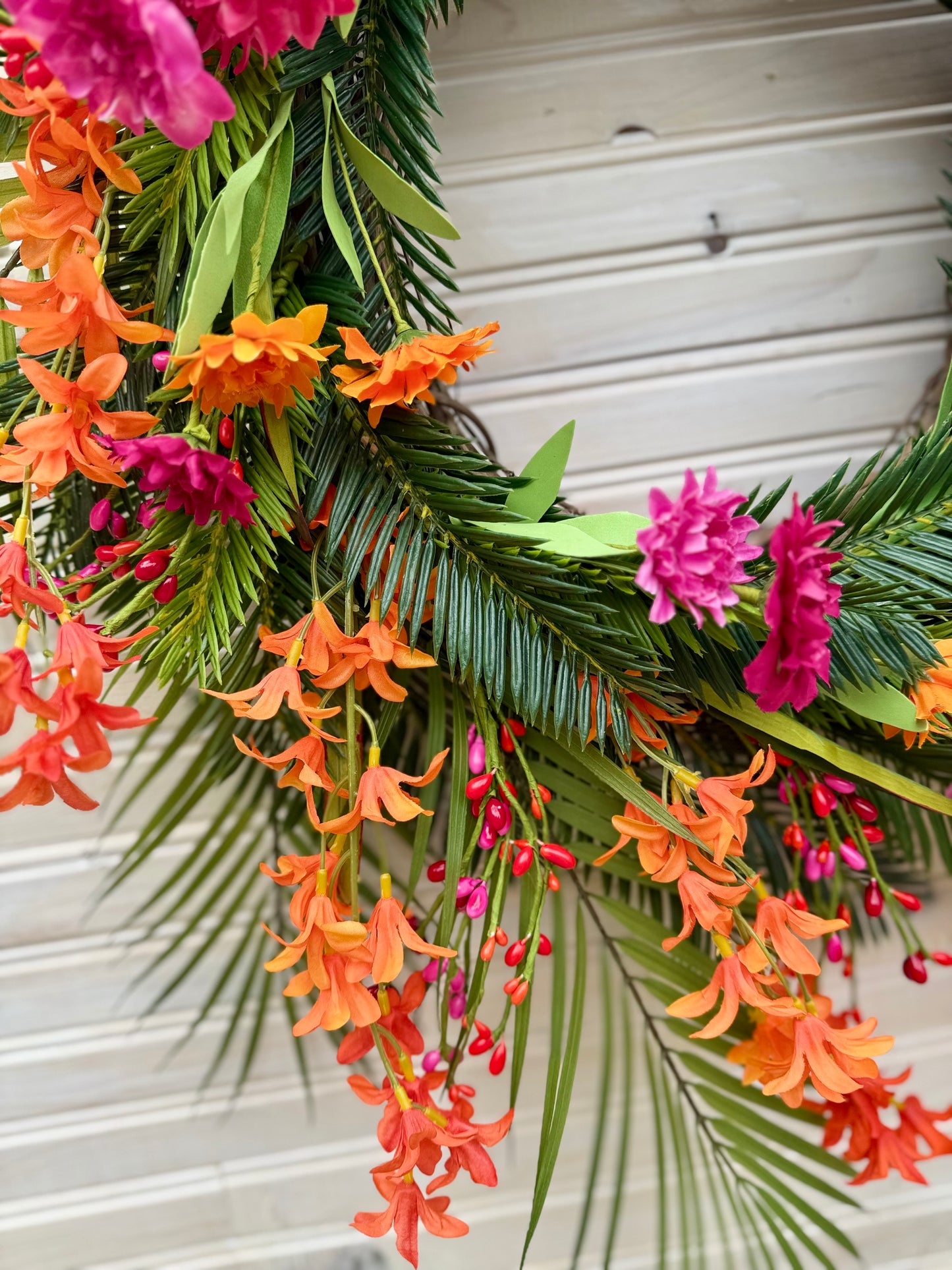 Tropical Oasis Summer Wreath with Palm Leaves, Orange & Pink Wildflowers