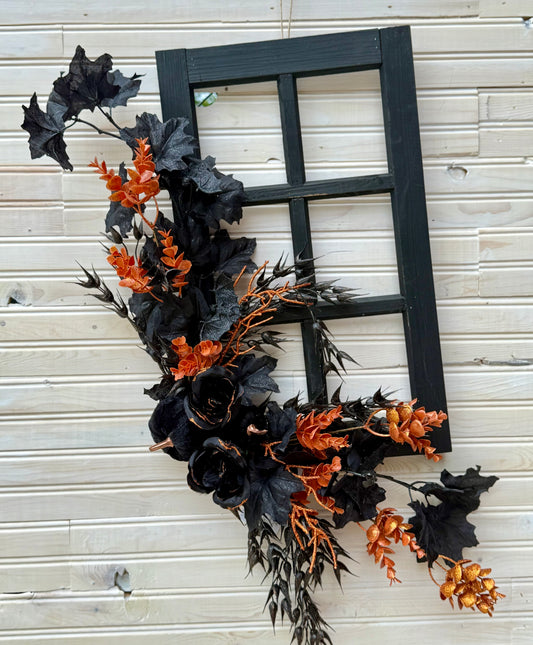 Elegant Halloween Door Hanger – Black & Orange Fall Floral on Window Frame