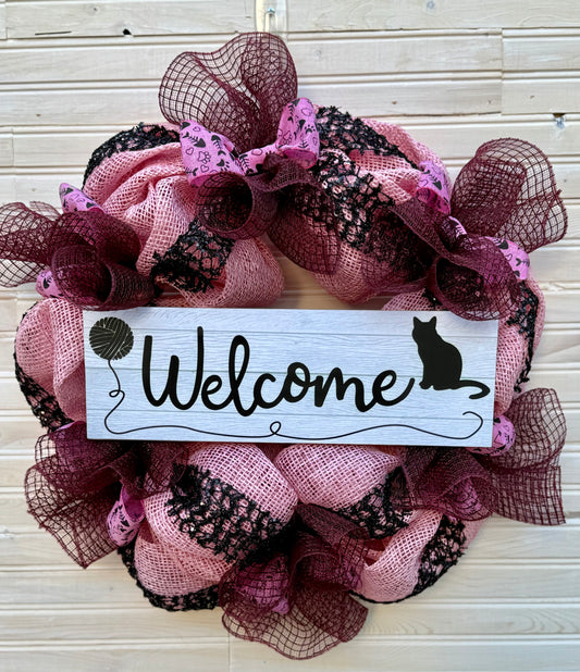 Pink & Burgundy Cat Lover Welcome Wreath – Handmade Mesh Door Decor