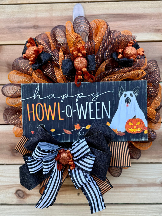Happy HOWL-o-Ween Dog Halloween Wreath – Mesh Front Door Decor with Dog Ghost Sign