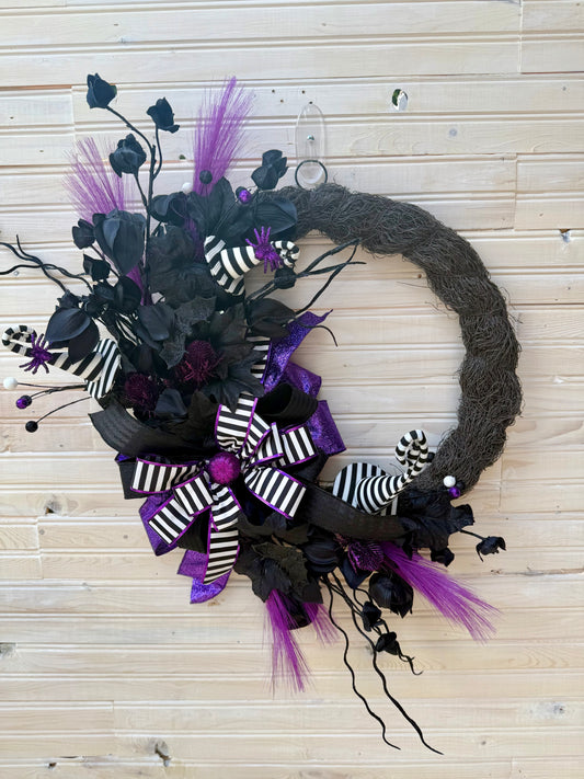 Whimsical Gothic Halloween Wreath – Black & Purple with Stripes