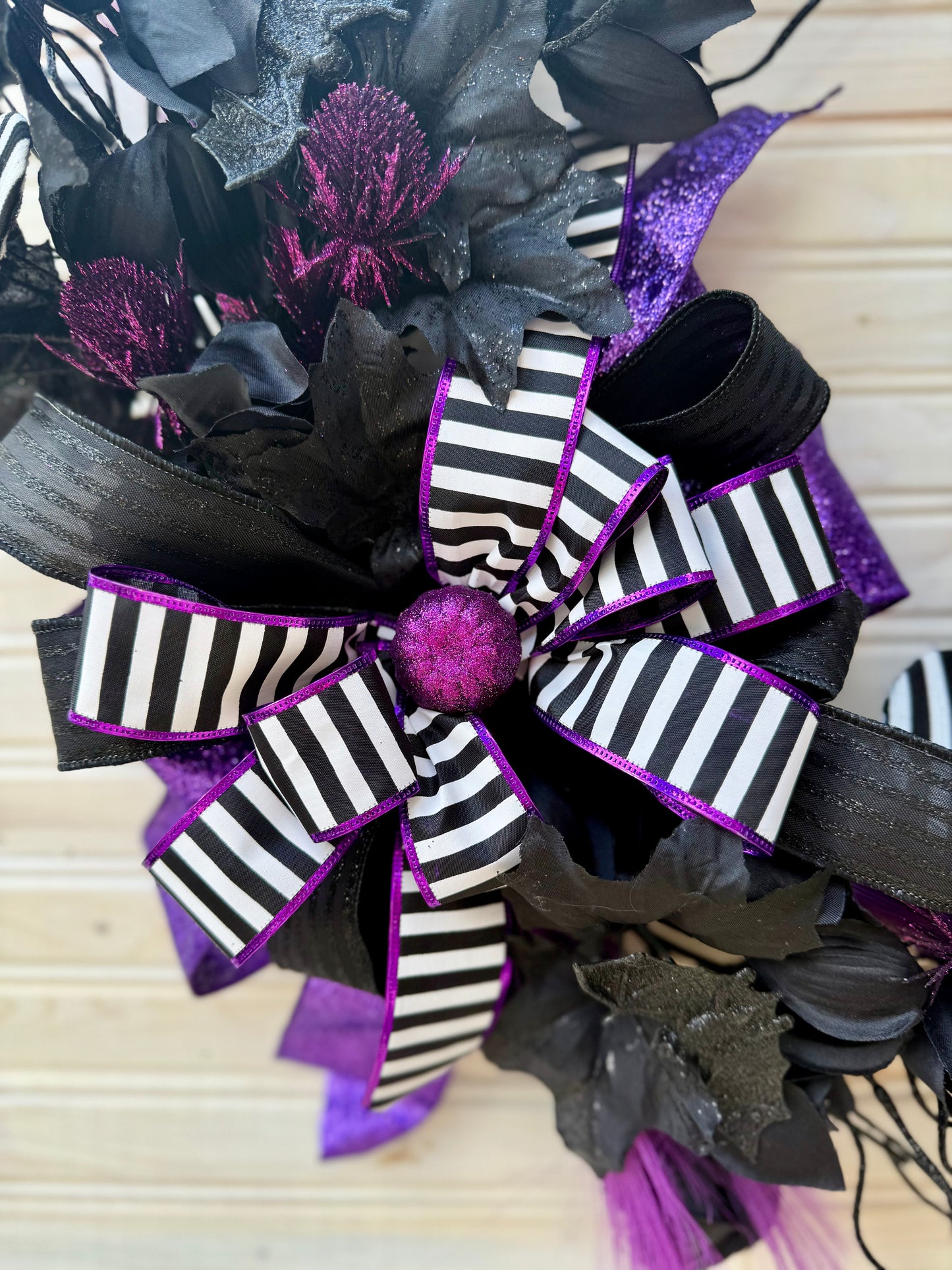 Whimsical Gothic Halloween Wreath – Black & Purple with Stripes