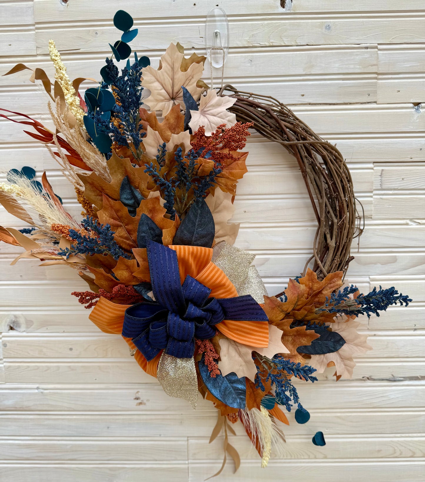Rustic Autumn Harvest Wreath - Grapevine Wreath with Navy and Burnt Orange Accents