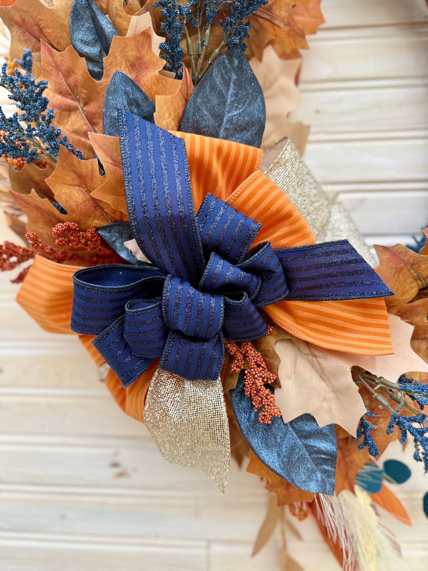 Rustic Autumn Harvest Wreath - Grapevine Wreath with Navy and Burnt Orange Accents