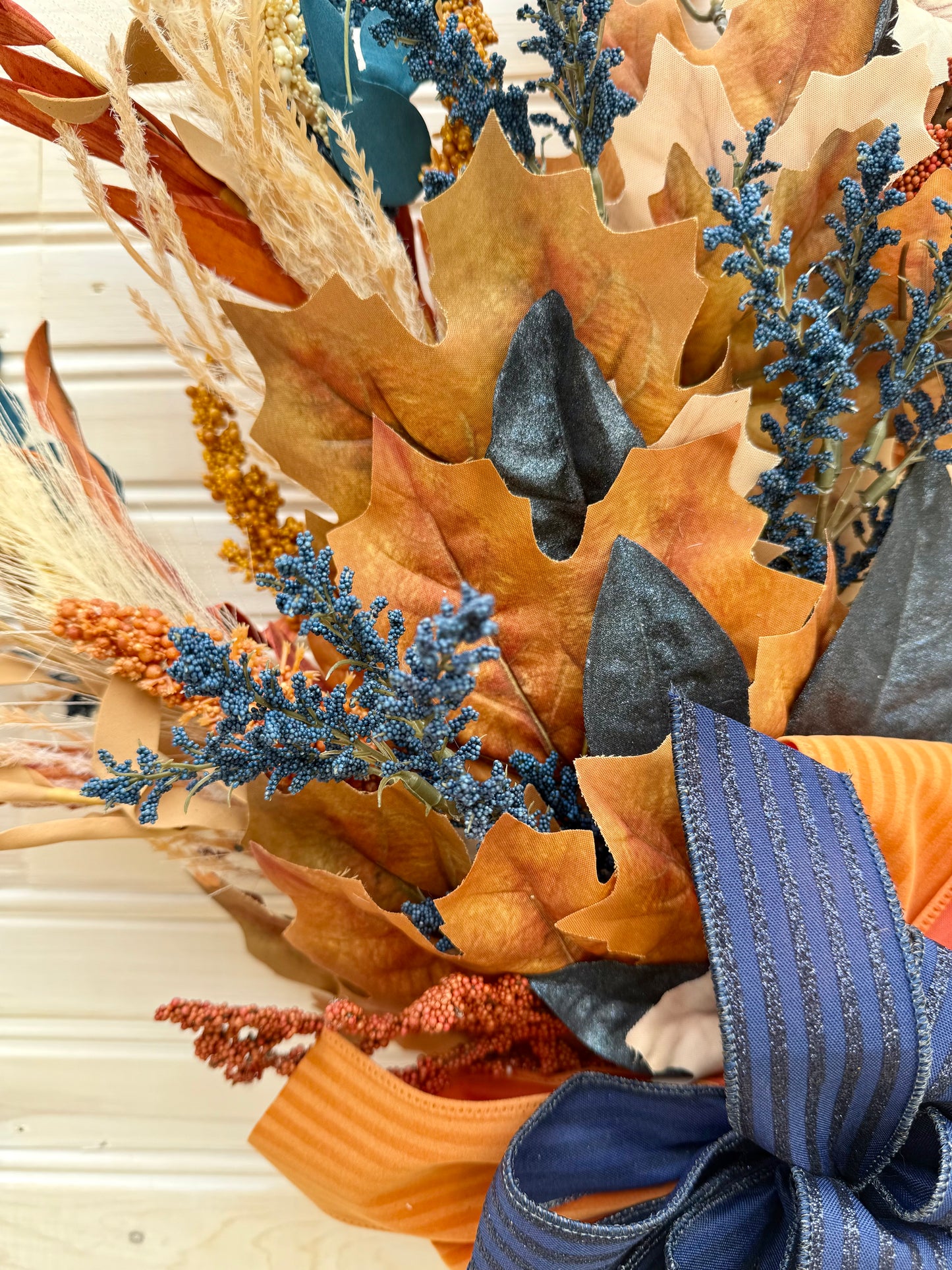 Rustic Autumn Harvest Wreath - Grapevine Wreath with Navy and Burnt Orange Accents