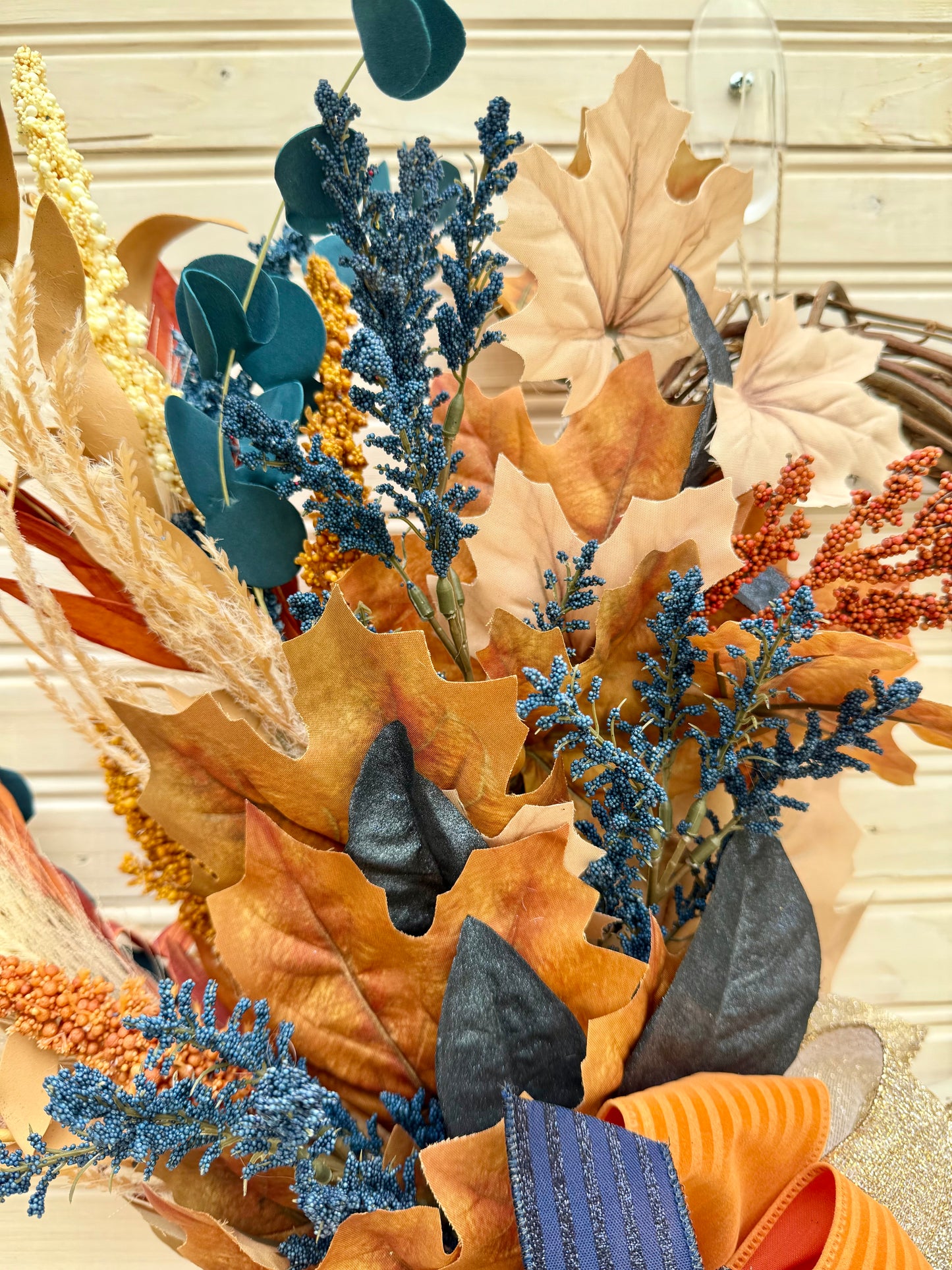 Rustic Autumn Harvest Wreath - Grapevine Wreath with Navy and Burnt Orange Accents