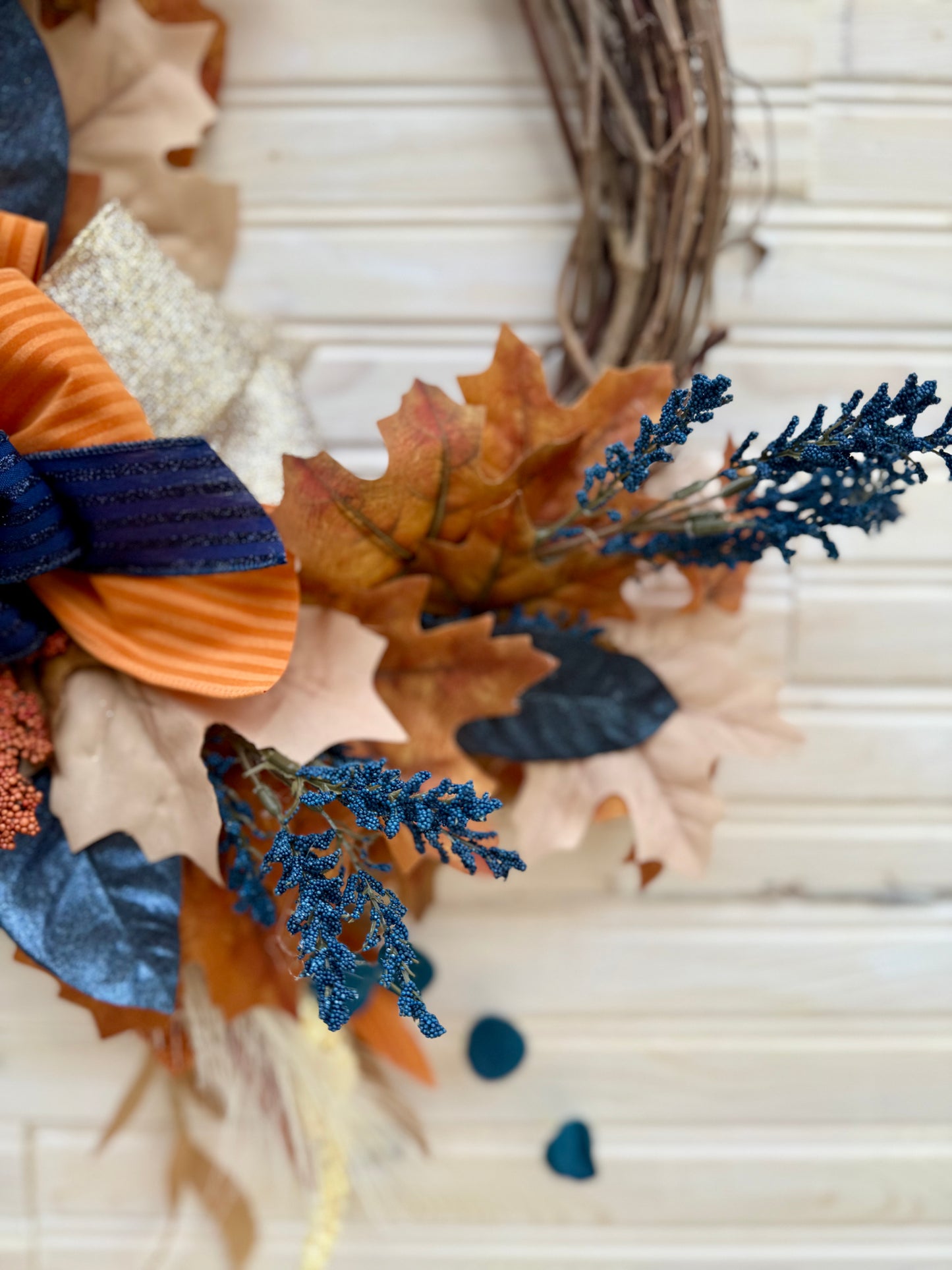 Rustic Autumn Harvest Wreath - Grapevine Wreath with Navy and Burnt Orange Accents
