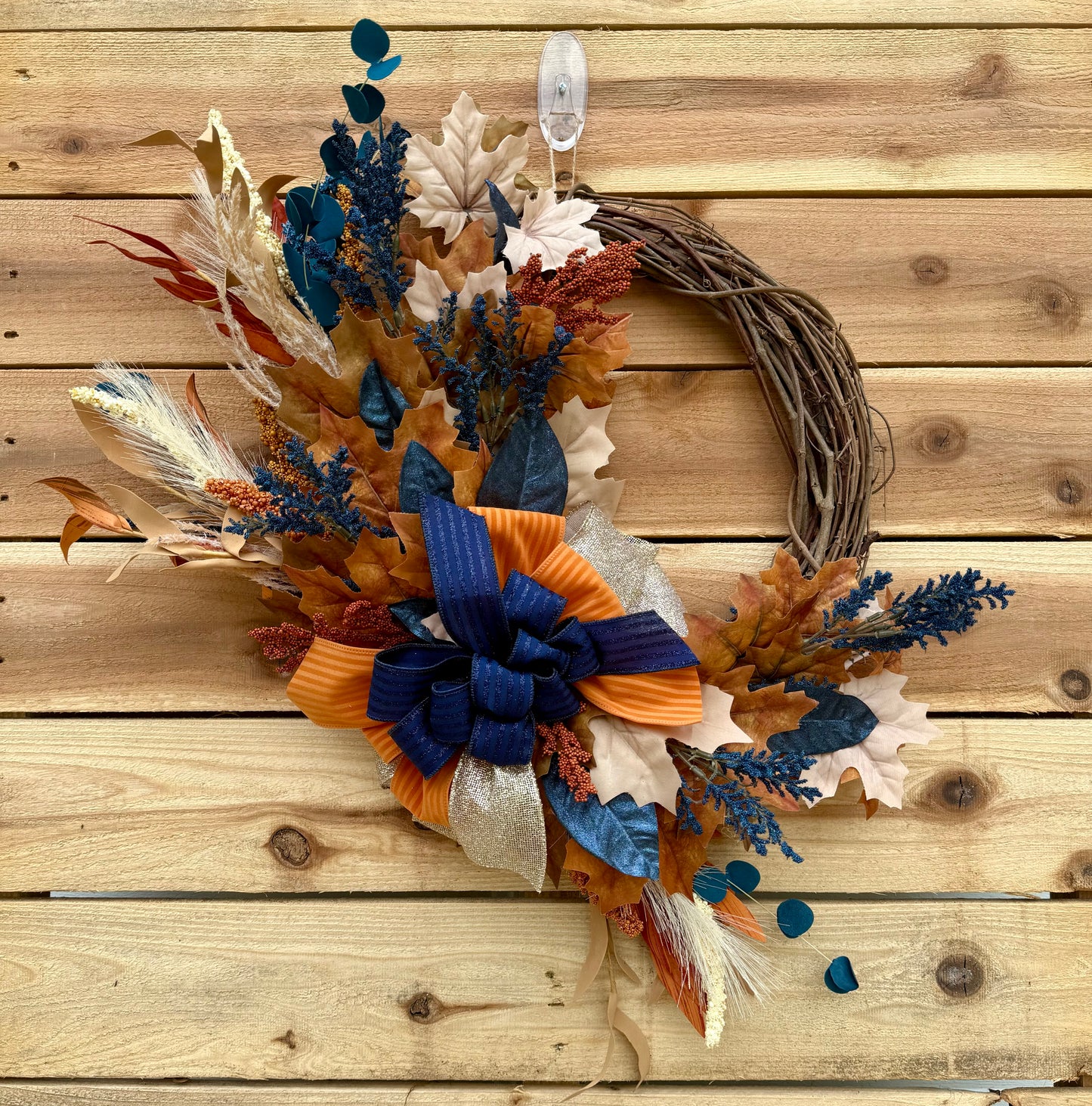 Rustic Autumn Harvest Wreath - Grapevine Wreath with Navy and Burnt Orange Accents
