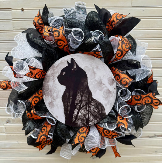 Halloween Black Cat Moon Wreath