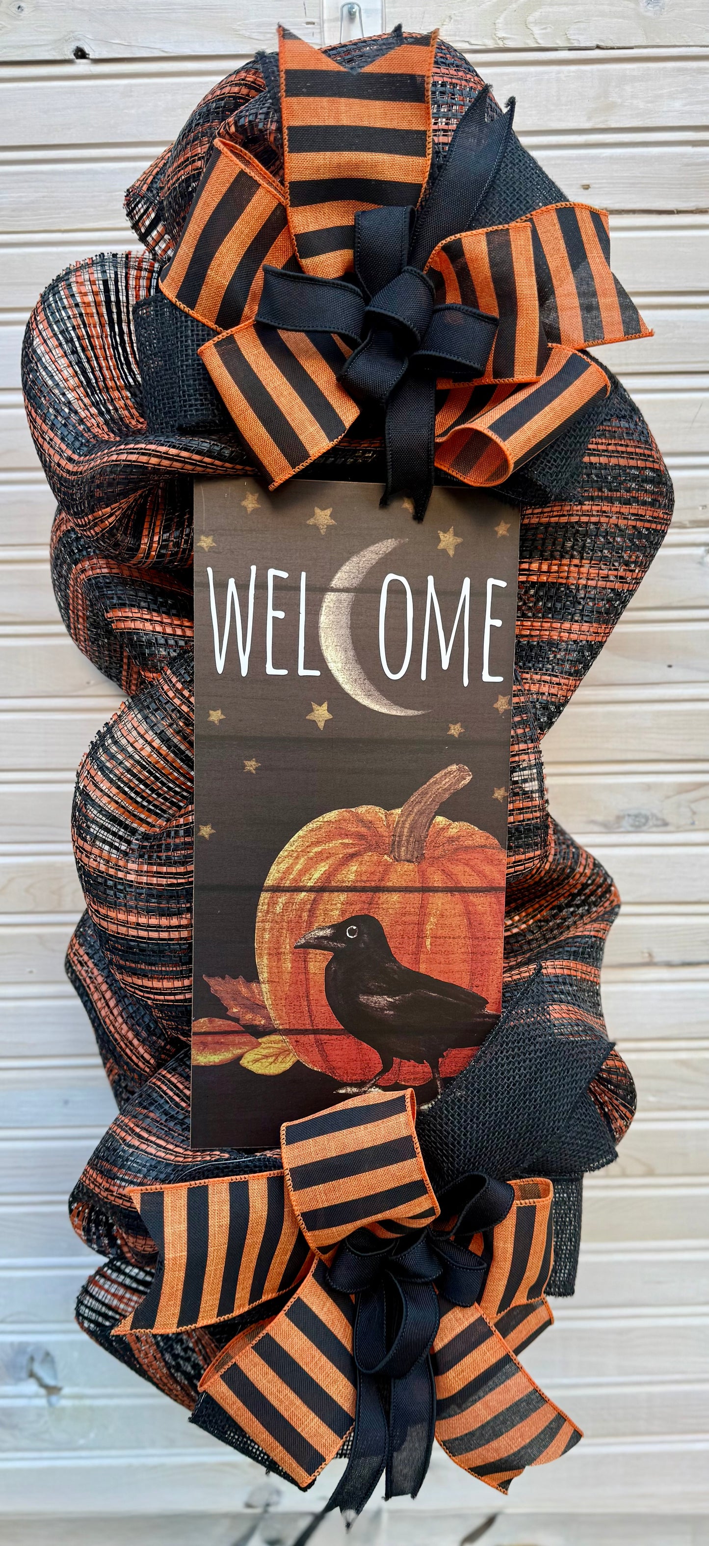 Halloween Welcome Swag with Pumpkin and Crow | Black and Orange Mesh Door Decor