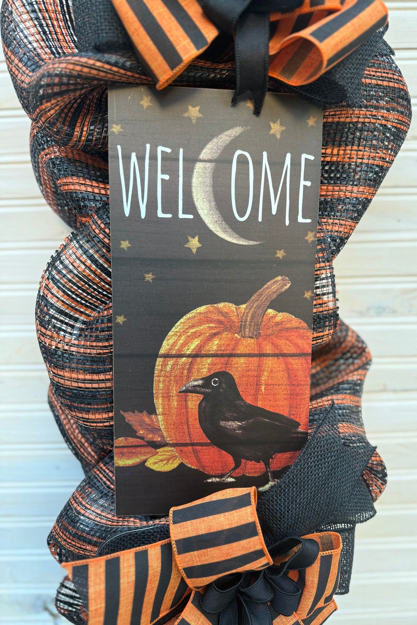 Halloween Welcome Swag with Pumpkin and Crow | Black and Orange Mesh Door Decor