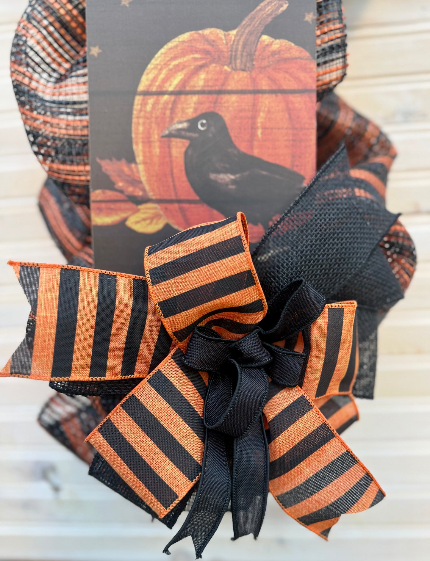 Halloween Welcome Swag with Pumpkin and Crow | Black and Orange Mesh Door Decor