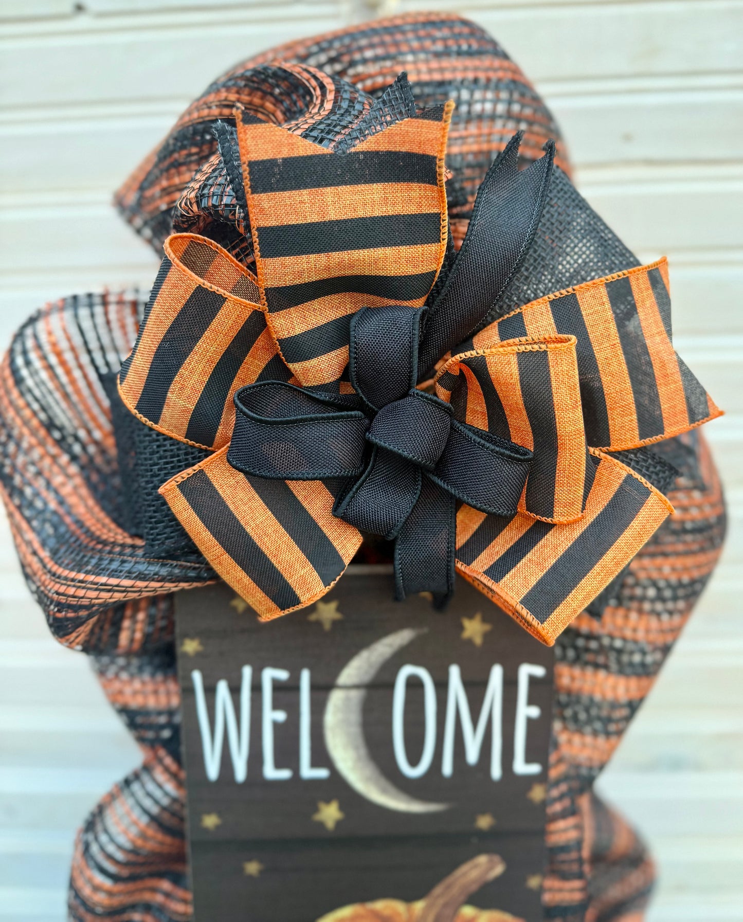 Halloween Welcome Swag with Pumpkin and Crow | Black and Orange Mesh Door Decor