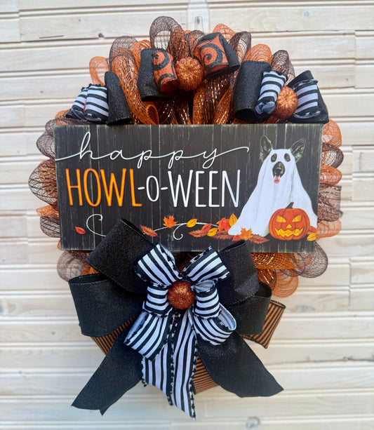 Happy HOWL-o-Ween Dog Halloween Wreath – Mesh Front Door Decor with Dog Ghost Sign