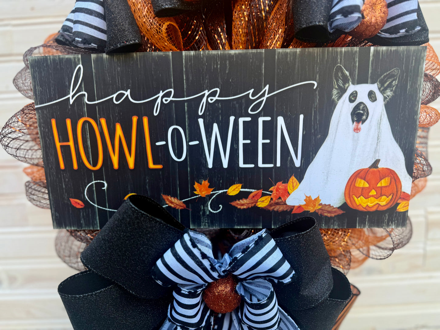 Happy HOWL-o-Ween Dog Halloween Wreath – Mesh Front Door Decor with Dog Ghost Sign