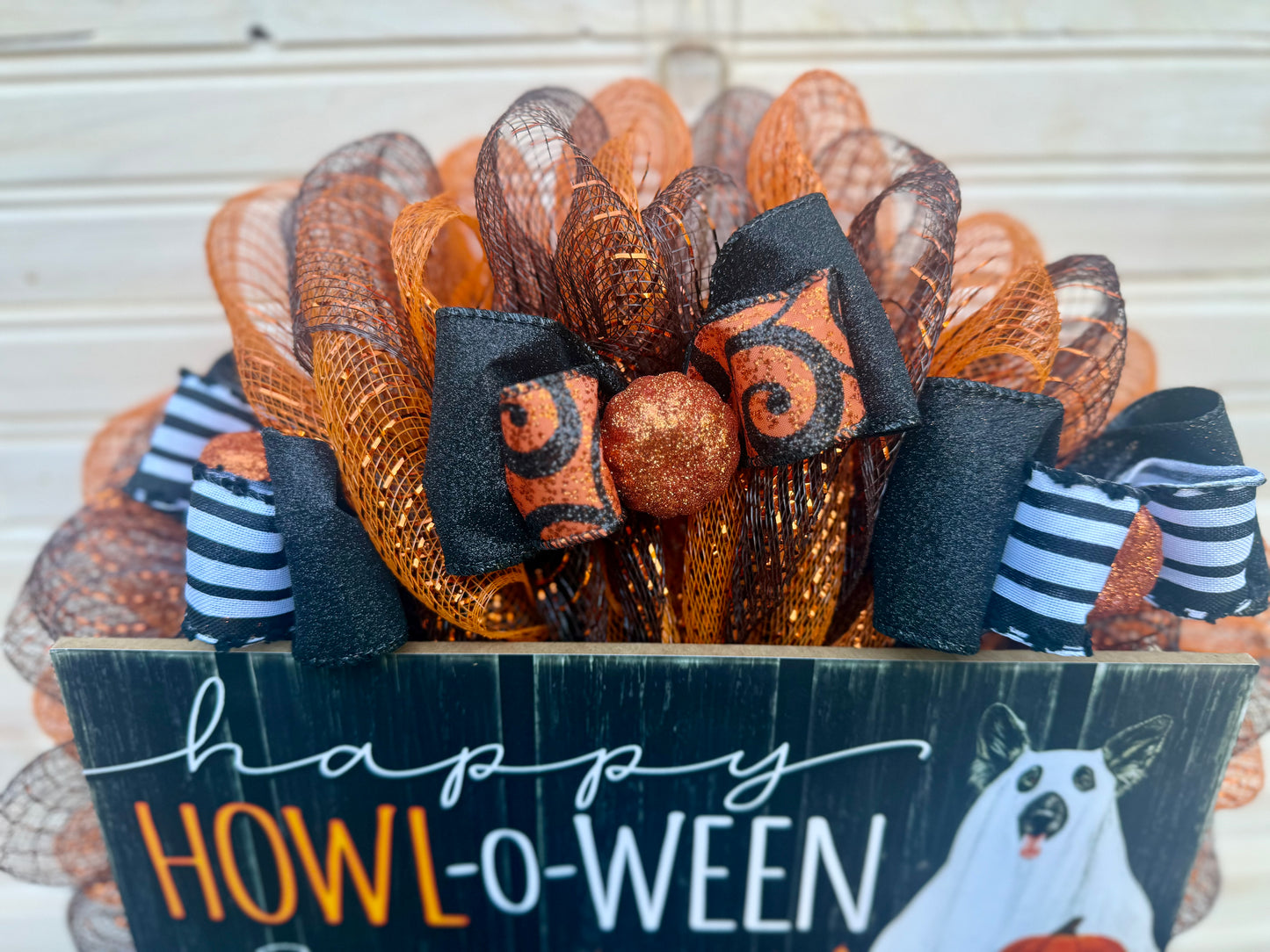 Happy HOWL-o-Ween Dog Halloween Wreath – Mesh Front Door Decor with Dog Ghost Sign