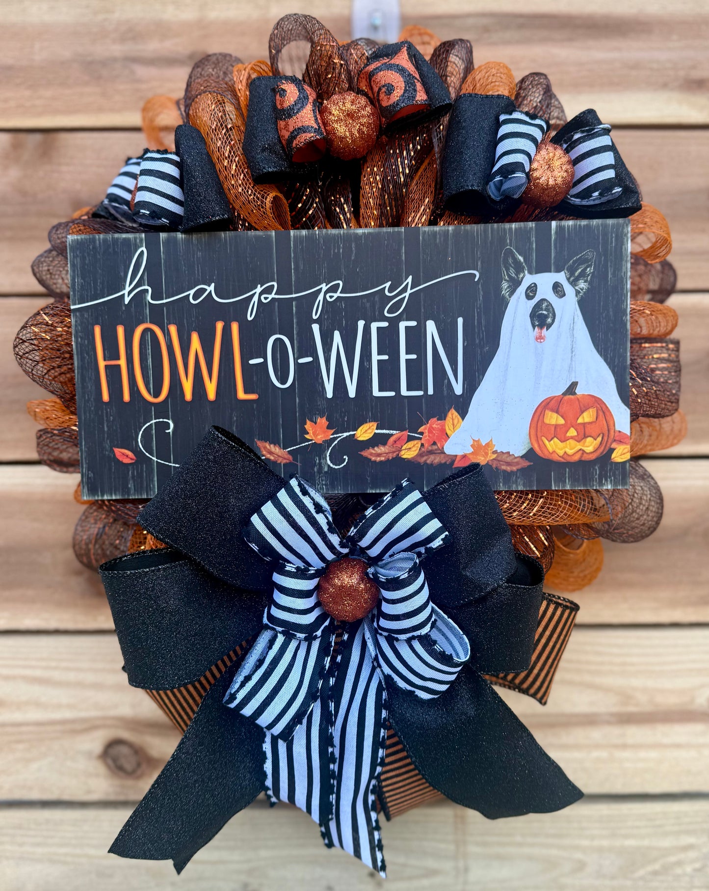 Happy HOWL-o-Ween Dog Halloween Wreath – Mesh Front Door Decor with Dog Ghost Sign