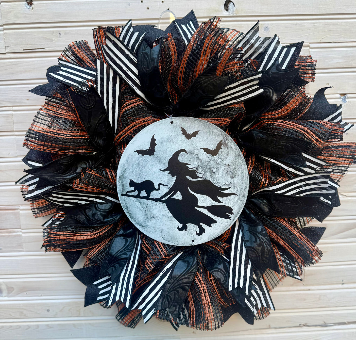 Witch & Cat Halloween Wreath | Spooky Black and Orange Door Decor