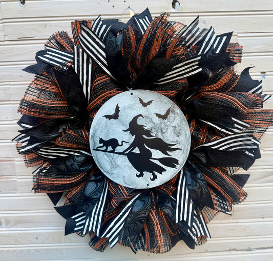 Witch & Cat Halloween Wreath | Spooky Black and Orange Door Decor