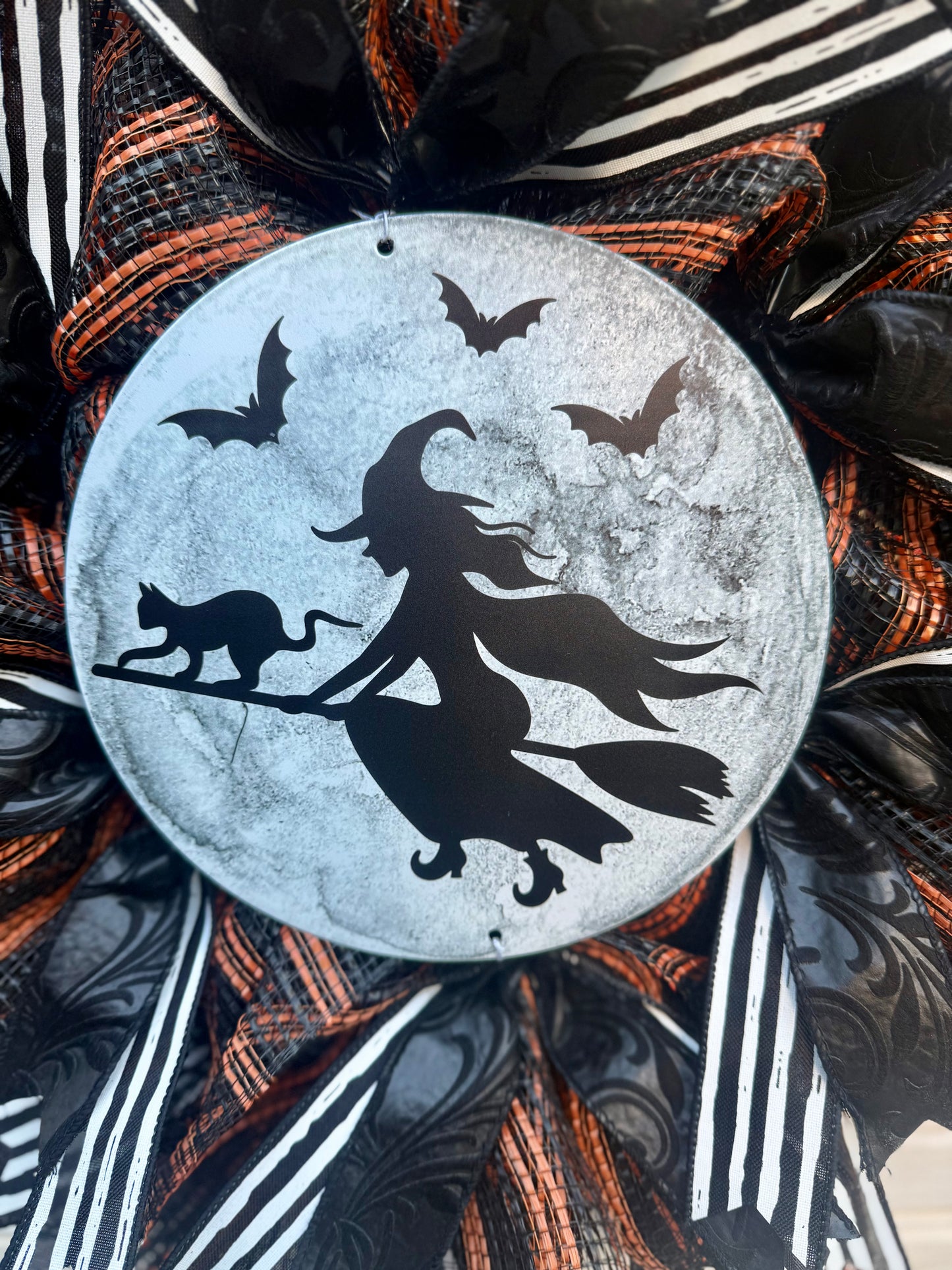Witch & Cat Halloween Wreath | Spooky Black and Orange Door Decor