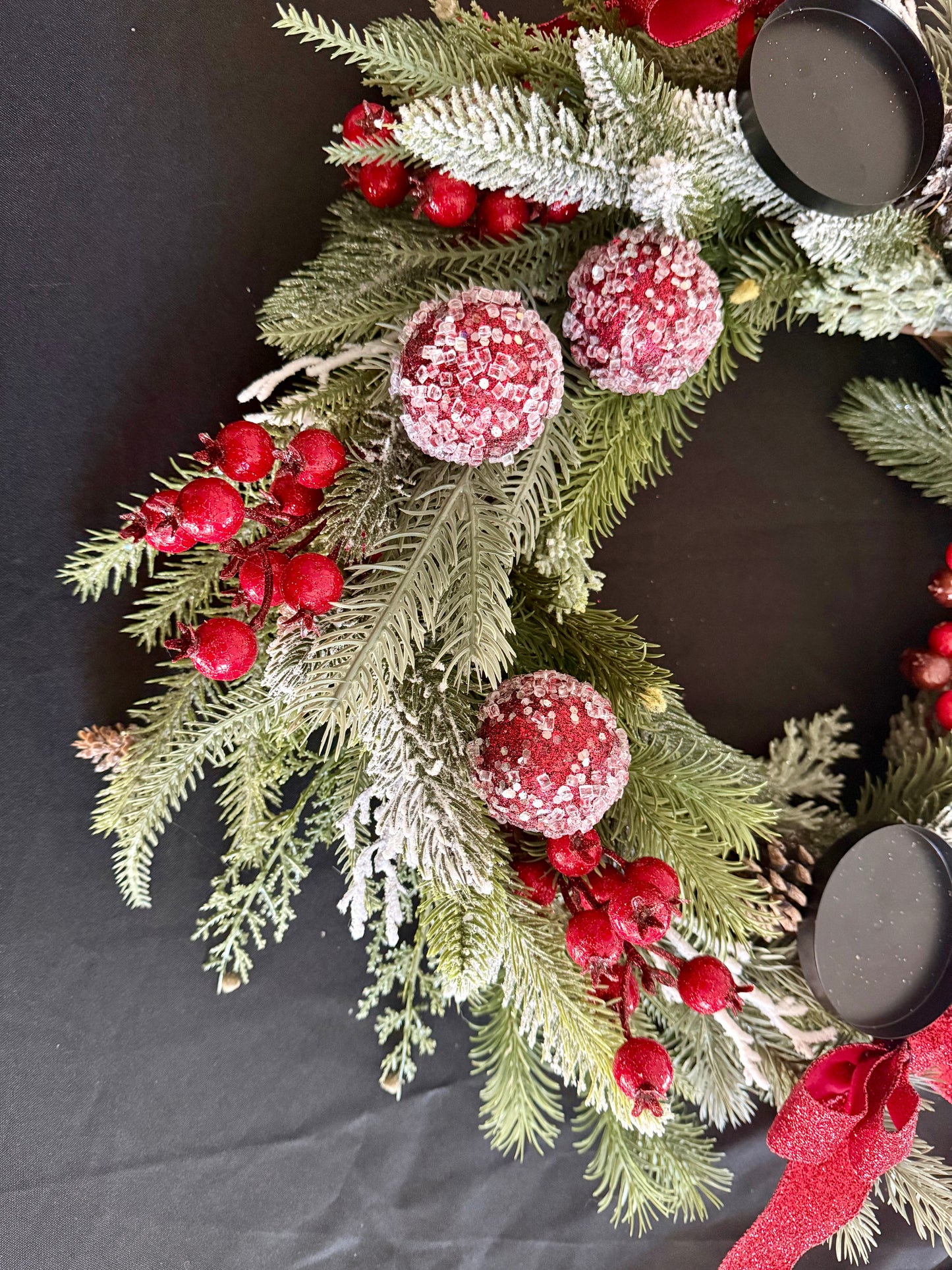 Red & Green Christmas Advent Wreath Centerpiece with Candle Holders – Holiday Table Decor