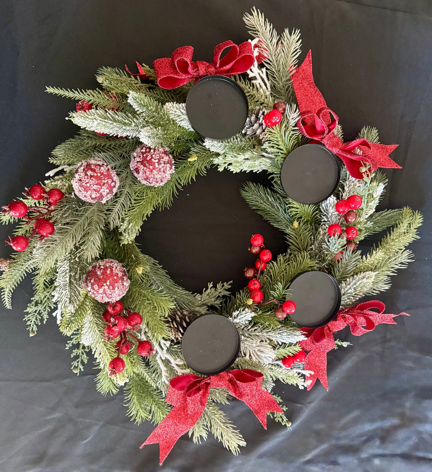 Red & Green Christmas Advent Wreath Centerpiece with Candle Holders – Holiday Table Decor