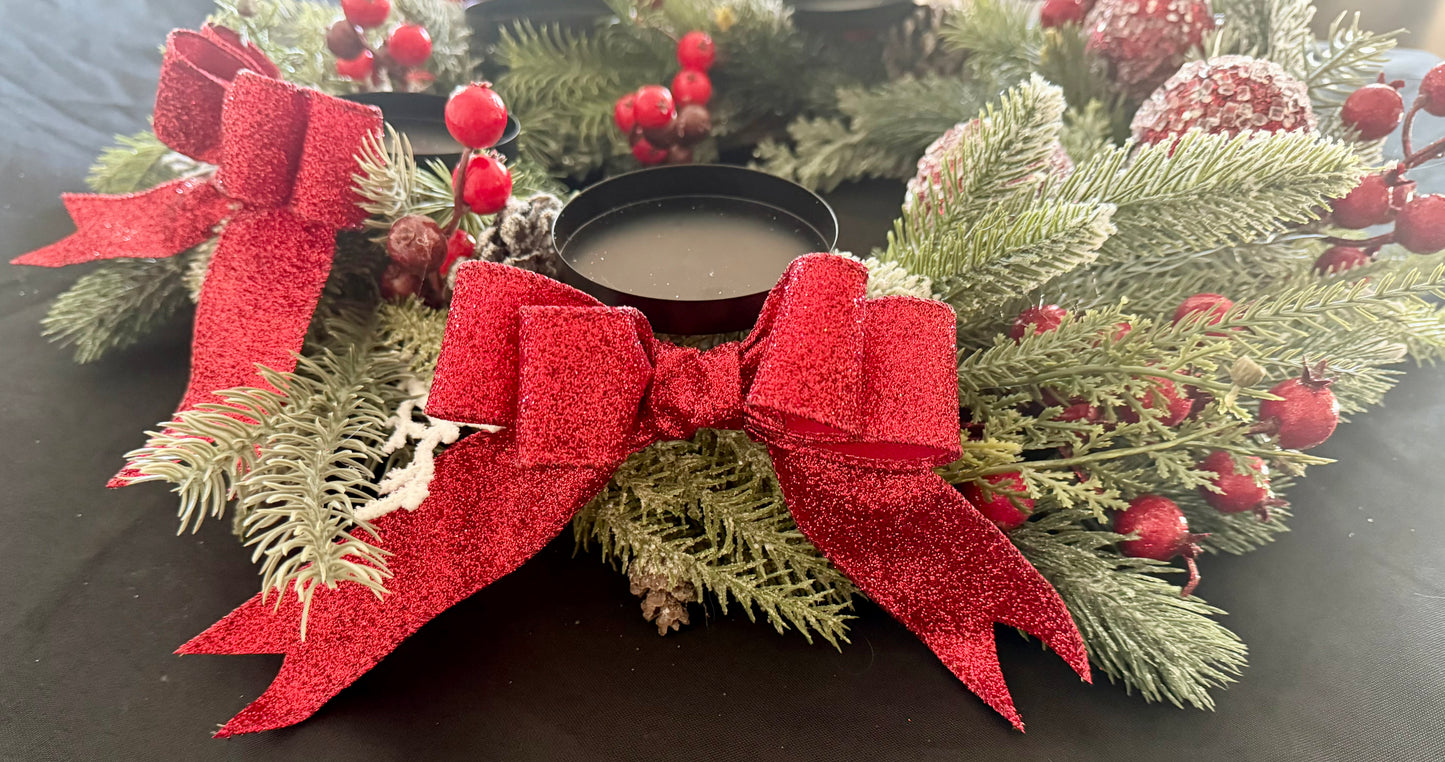 Red & Green Christmas Advent Wreath Centerpiece with Candle Holders – Holiday Table Decor