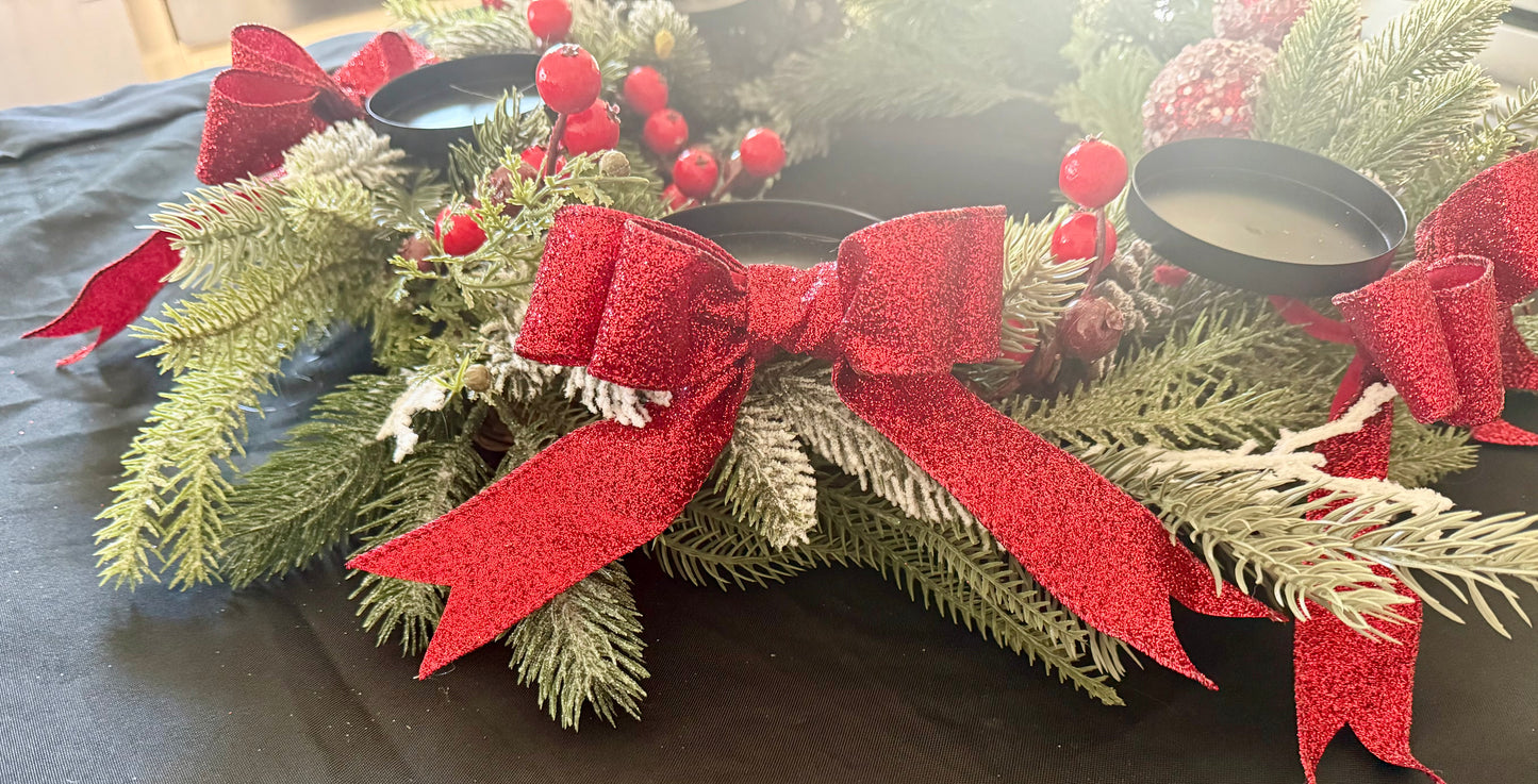 Red & Green Christmas Advent Wreath Centerpiece with Candle Holders – Holiday Table Decor