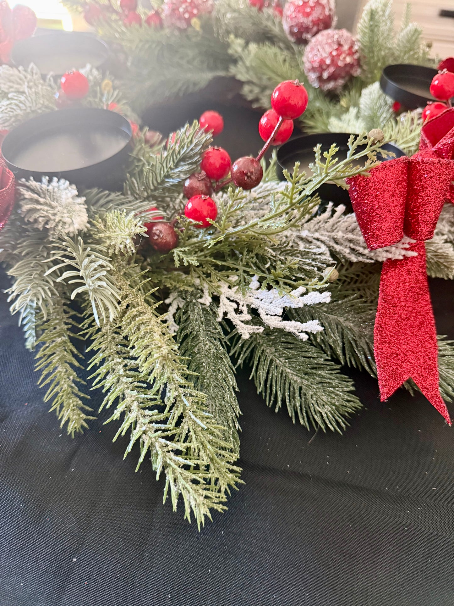 Red & Green Christmas Advent Wreath Centerpiece with Candle Holders – Holiday Table Decor