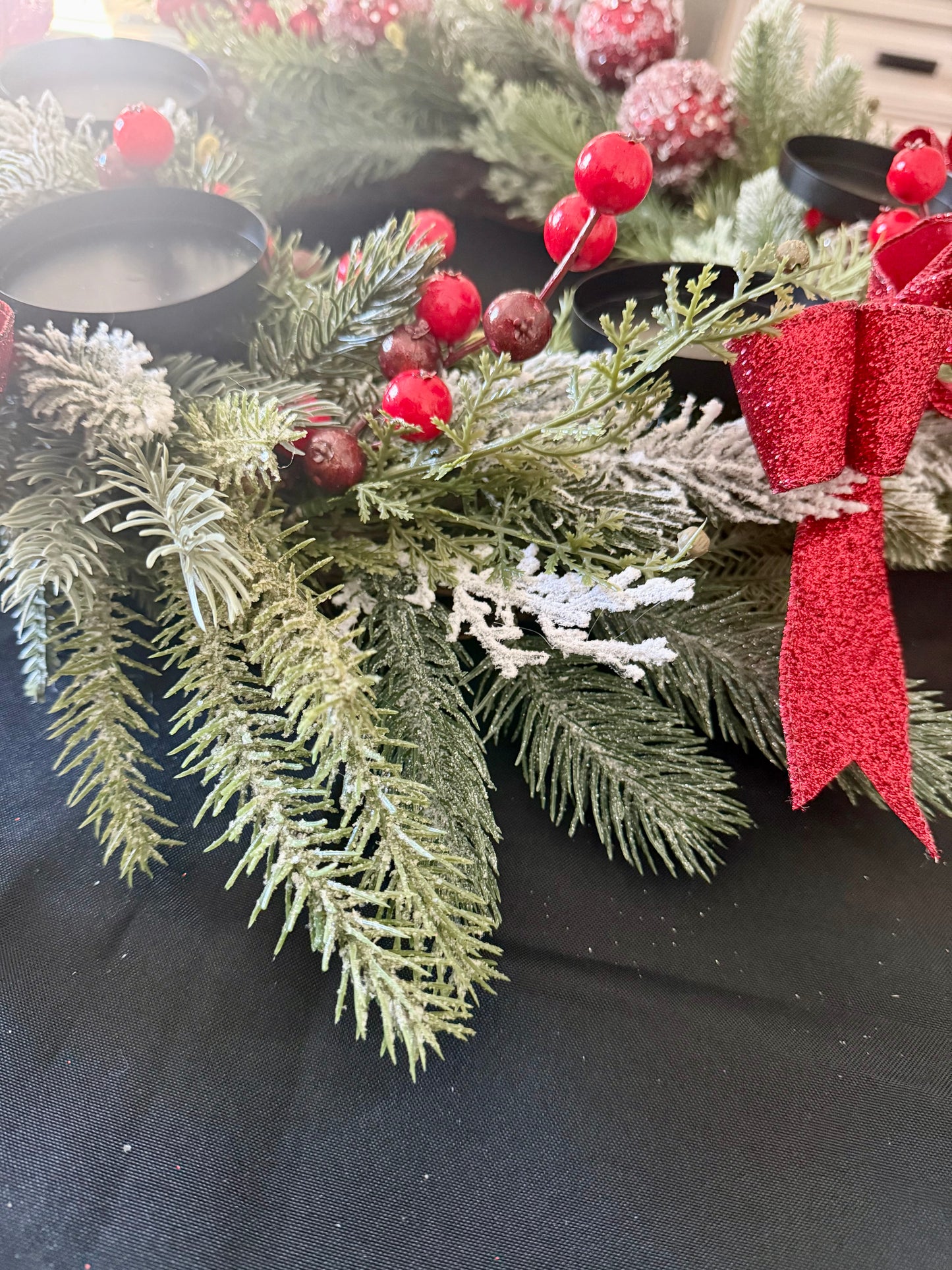 Red & Green Christmas Advent Wreath Centerpiece with Candle Holders – Holiday Table Decor