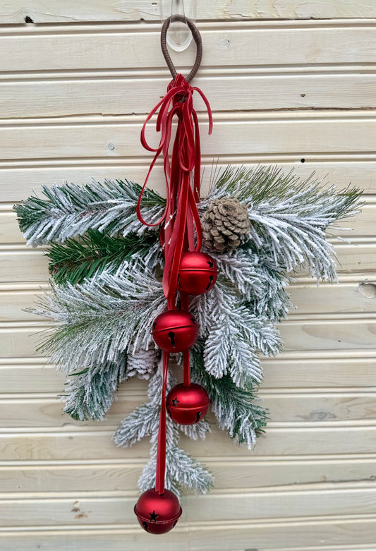 Frosted Pine Christmas Swag with Red Jingle Bells – Holiday Door Hanging Décor