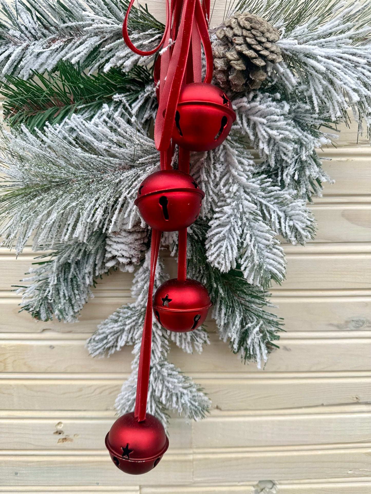 Frosted Pine Christmas Swag with Red Jingle Bells – Holiday Door Hanging Décor