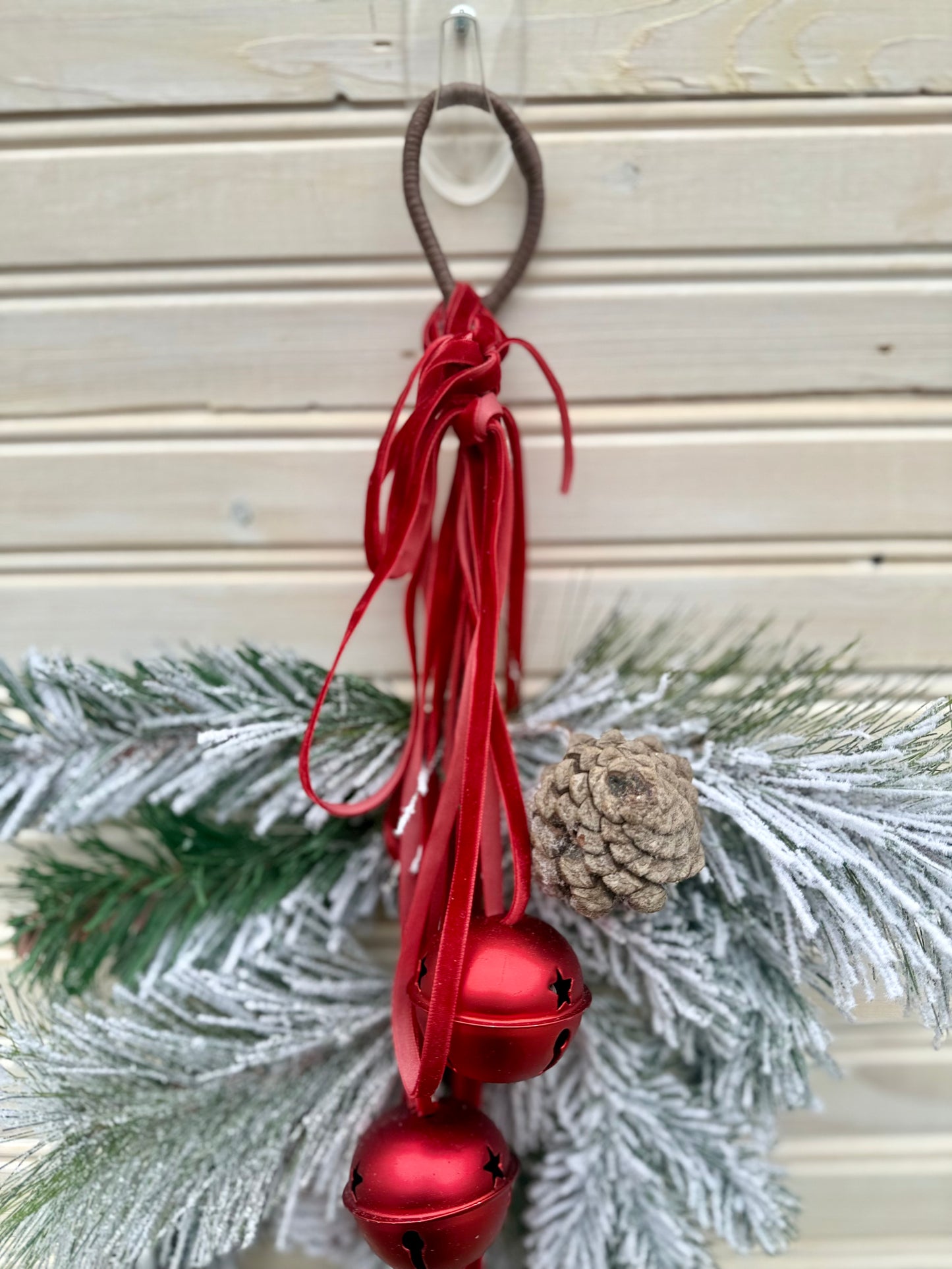 Frosted Pine Christmas Swag with Red Jingle Bells – Holiday Door Hanging Décor