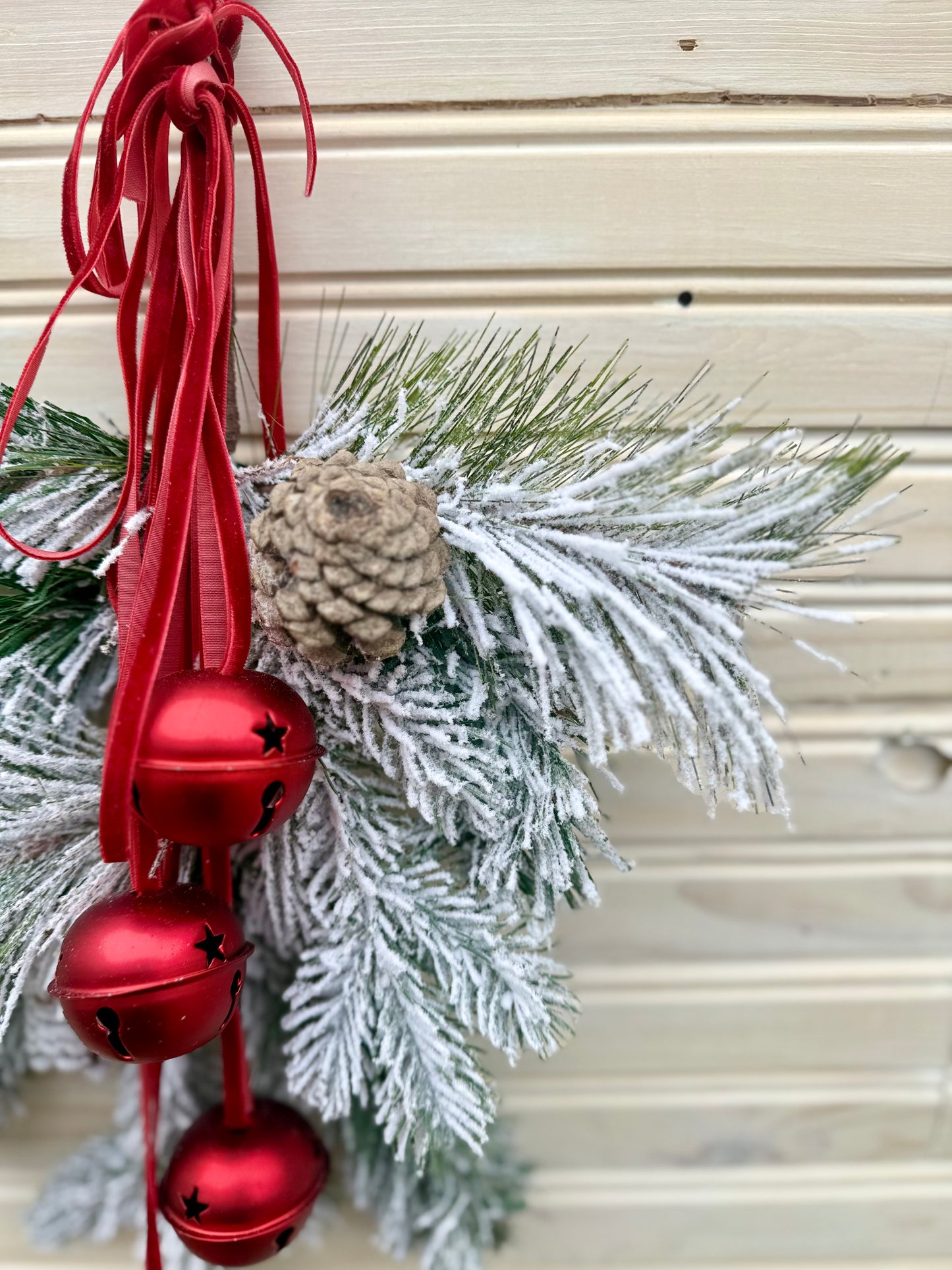 Frosted Pine Christmas Swag with Red Jingle Bells – Holiday Door Hanging Décor