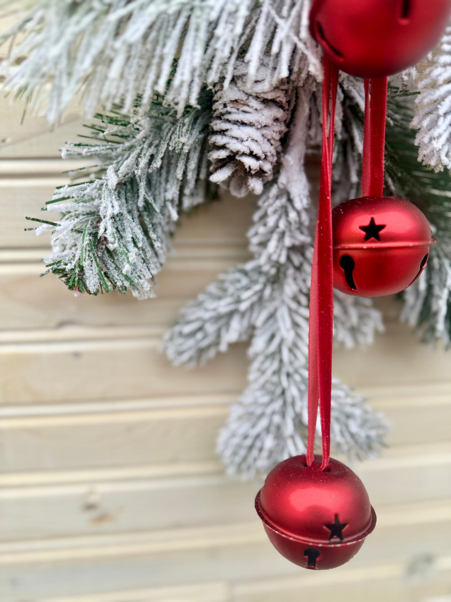 Frosted Pine Christmas Swag with Red Jingle Bells – Holiday Door Hanging Décor