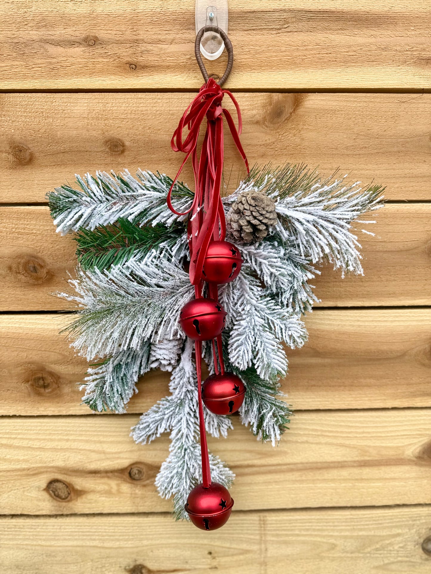 Frosted Pine Christmas Swag with Red Jingle Bells – Holiday Door Hanging Décor