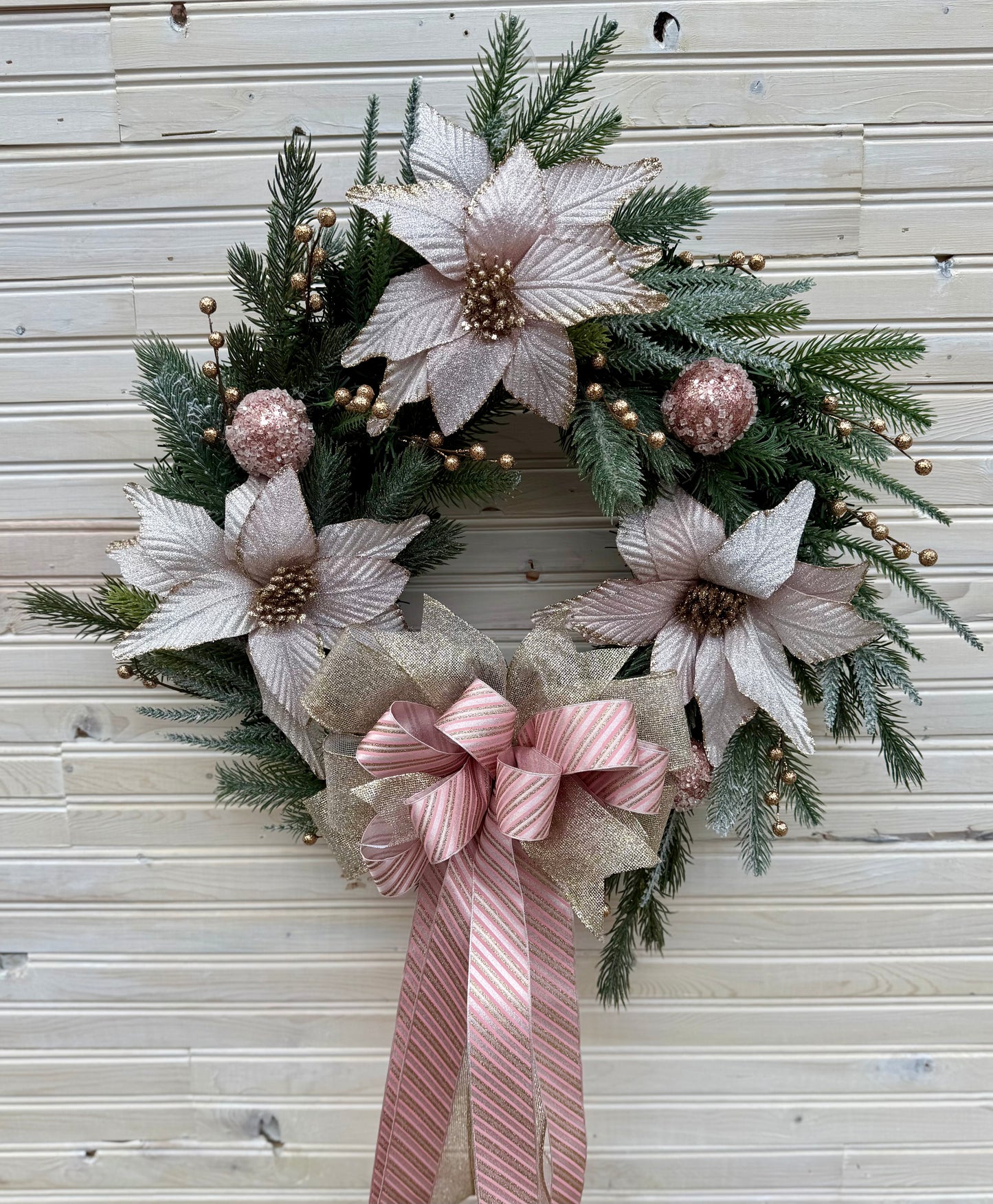 Soft Pink Poinsettia Winter Wreath