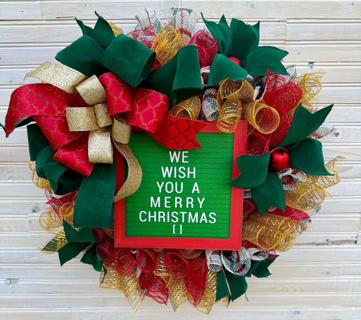 Merry Christmas Red and Green Mesh Wreath with Bow