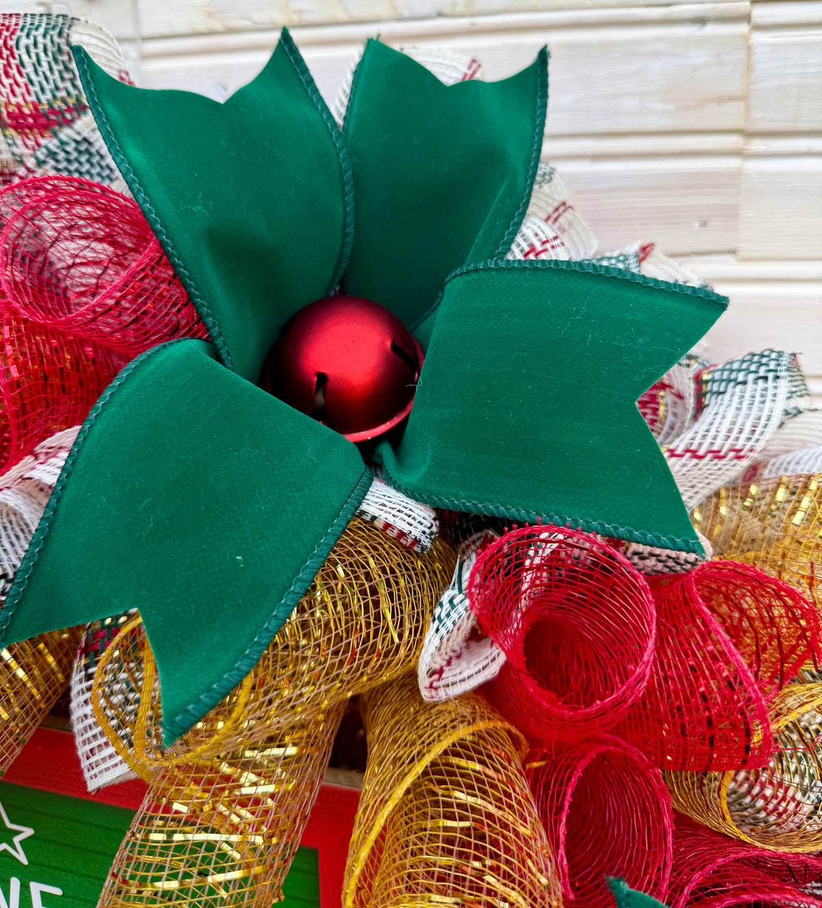 Merry Christmas Red and Green Mesh Wreath with Bow