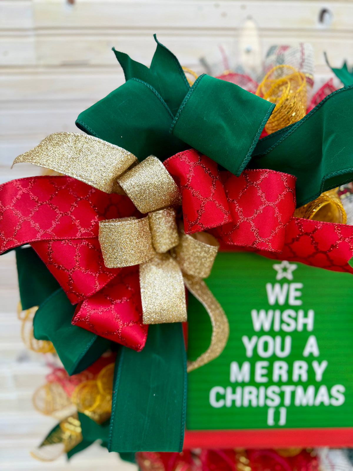 Merry Christmas Red and Green Mesh Wreath with Bow