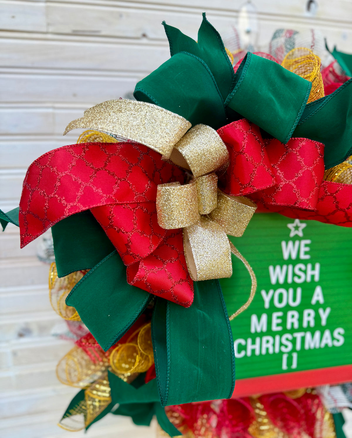 Merry Christmas Red and Green Mesh Wreath with Bow