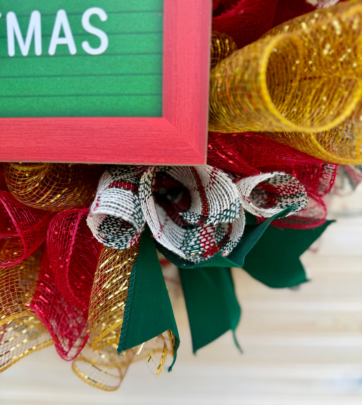 Merry Christmas Red and Green Mesh Wreath with Bow