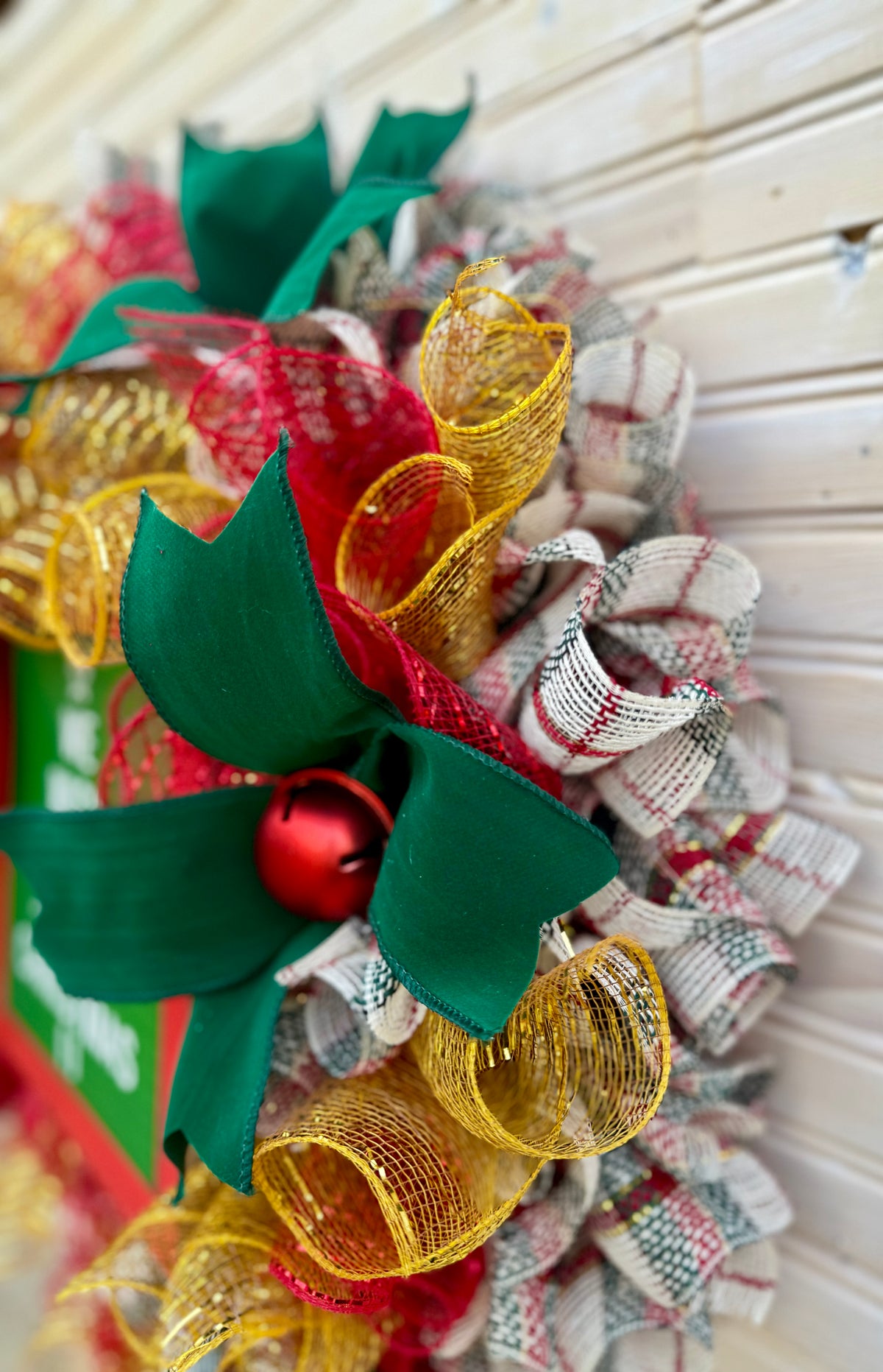 Merry Christmas Red and Green Mesh Wreath with Bow