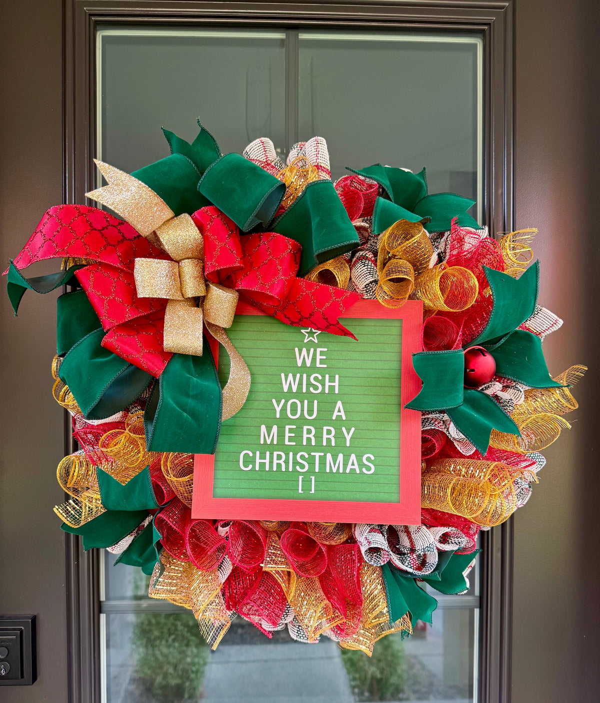 Merry Christmas Red and Green Mesh Wreath with Bow