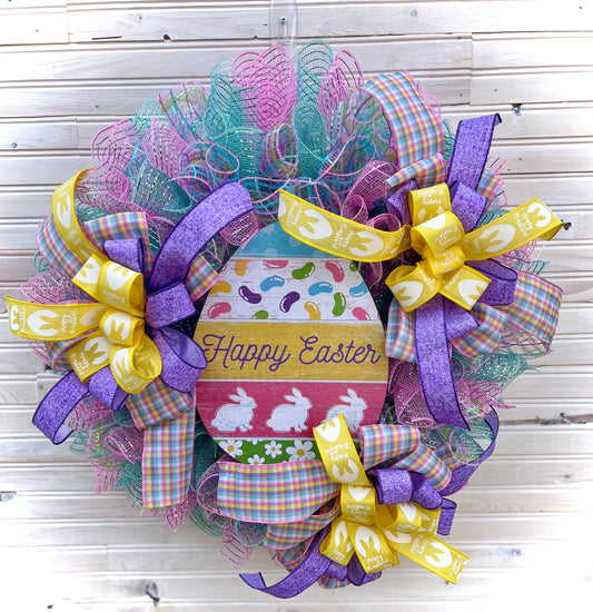 Happy Easter Wreath – Pastel Deco Mesh & Ribbon