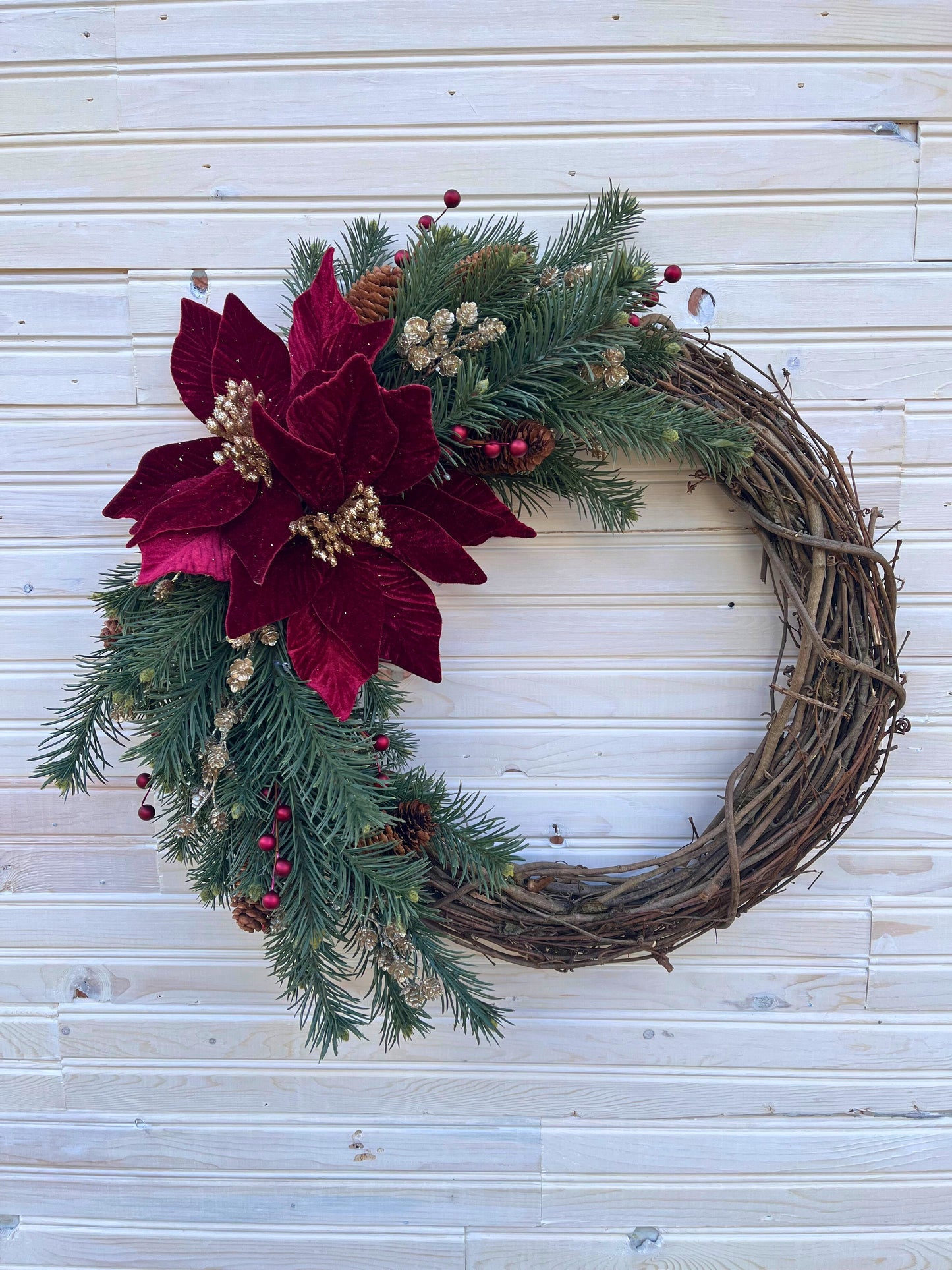 Festive Pine & Red Velvet Poinsettia Grapevine Wreath